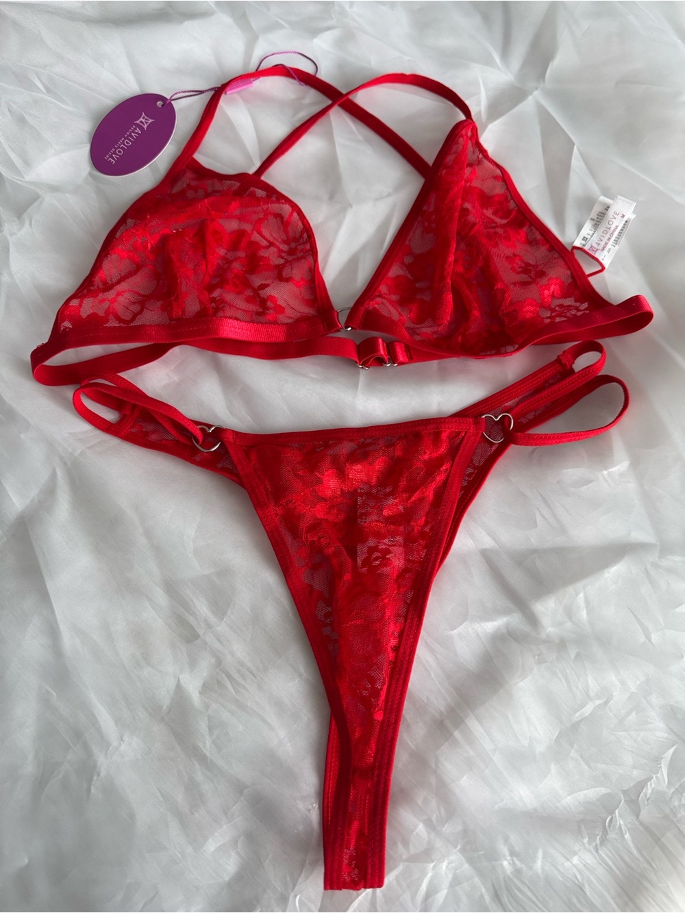 Avidlove Sheer Red Lace Triangle Bralette & Thong Set with Heart Accents